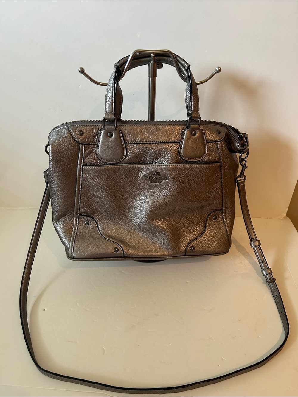 Coach New York Gun Metal Metallic Silver Leather Hobo Crossbody Bag So Nice!